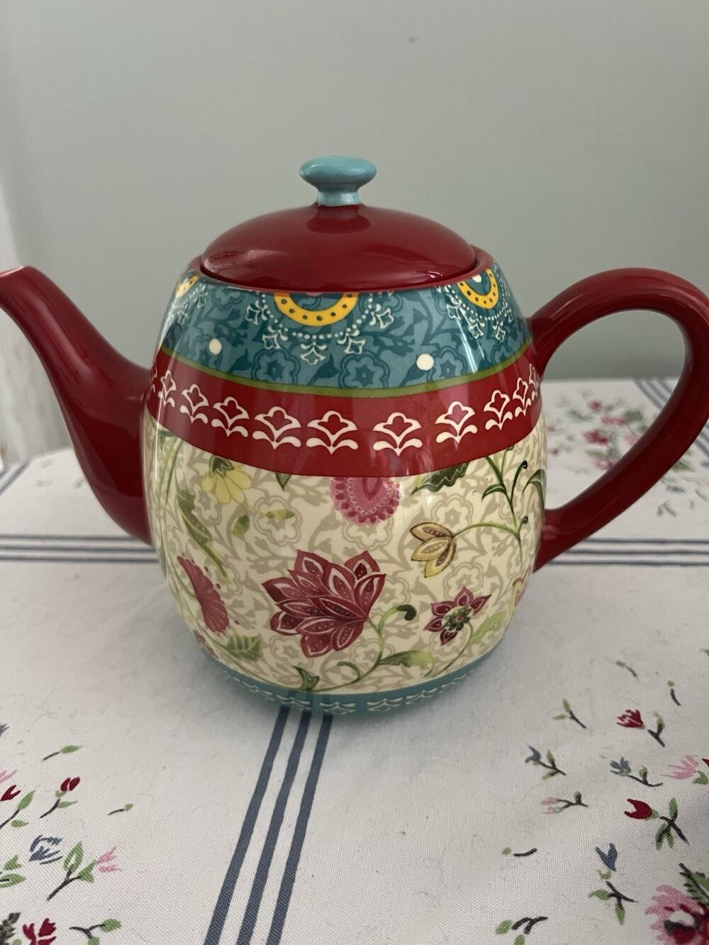 Certified International Tunisian Sunset Teapot Red Cream Aqua